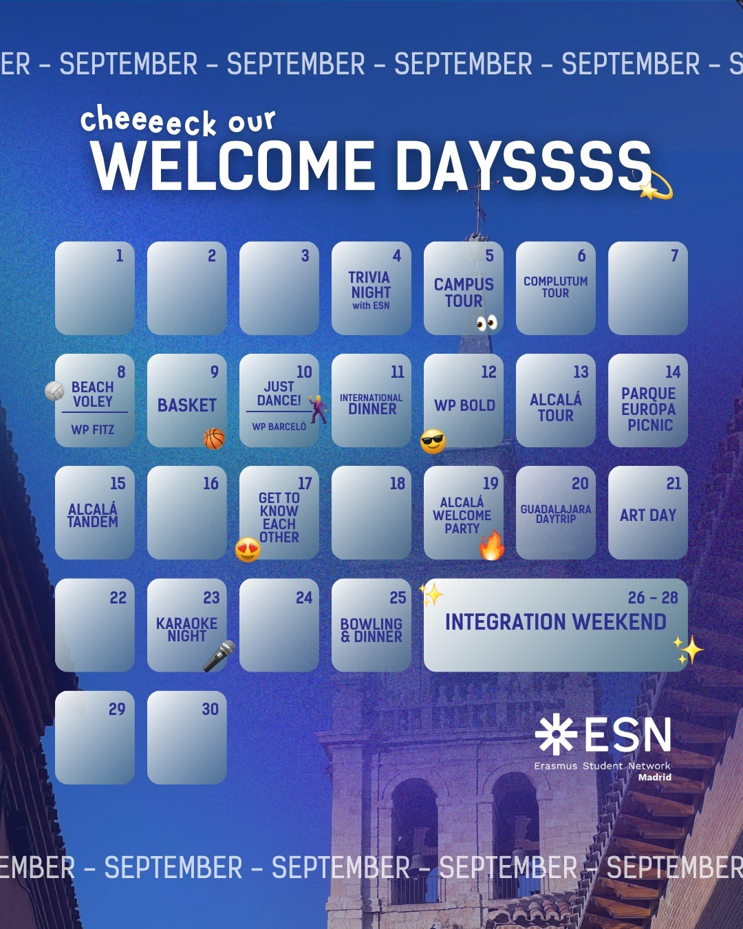 Calendar for ESN Alcala September 2025 activities