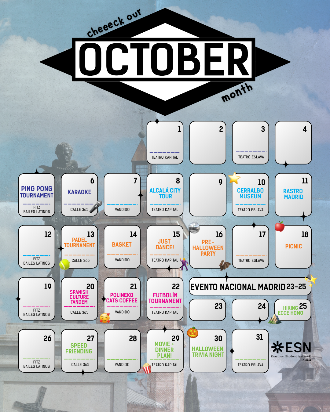 Calendar for ESN Alcala October 2026 activities