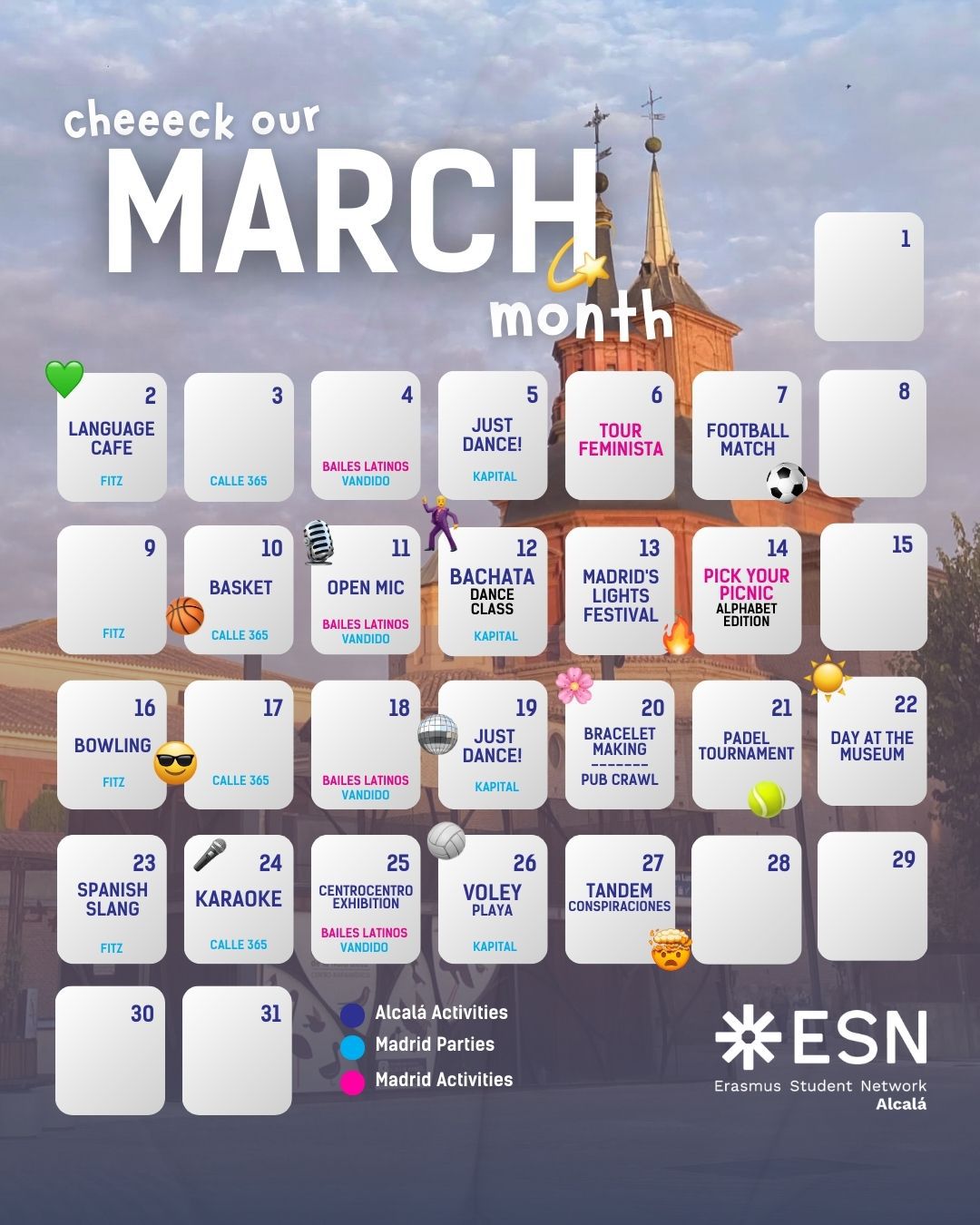 Calendar for ESN Alcala March 2026 activities
